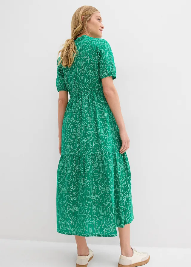 Robe midi ample, 100% coton, Couleur: vert menthe/écru imprimé