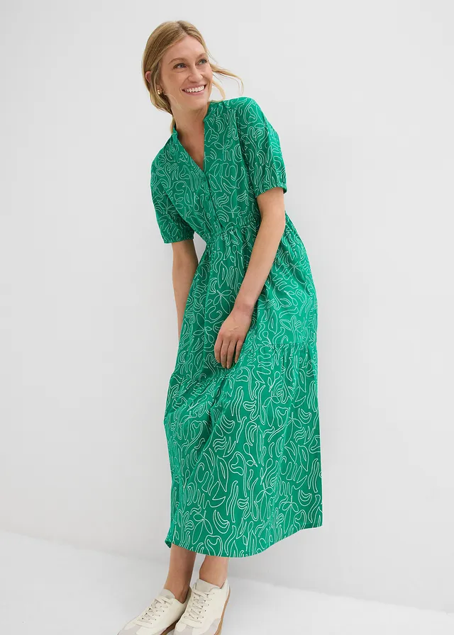 Robe midi ample, 100% coton, Couleur: vert menthe/écru imprimé