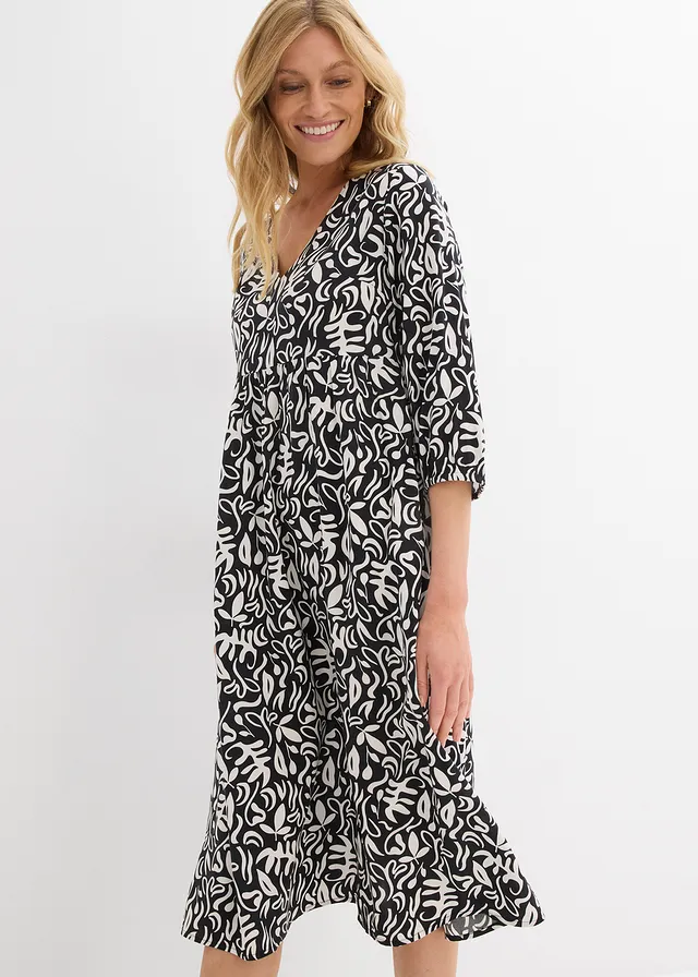 Robe midi en viscose fluide, Couleur: noir/écru imprimé