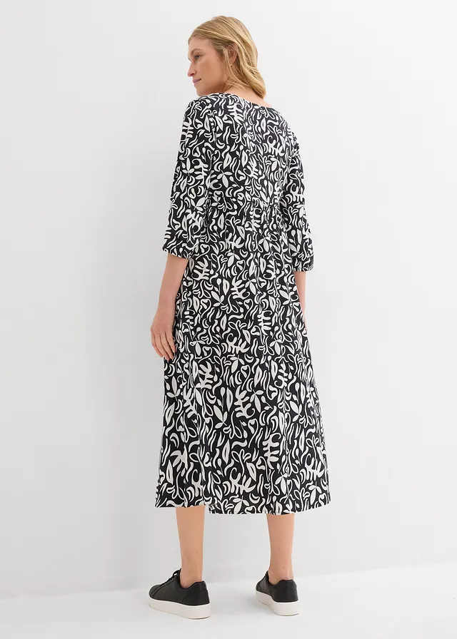 Robe midi en viscose fluide, Couleur: noir/écru imprimé