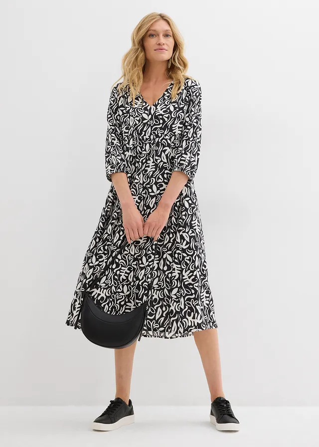 Robe midi en viscose fluide, Couleur: noir/écru imprimé