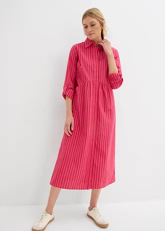 Jurk van katoen met een overhemdkraag, Kleur: tomatenrood-granaatappel-donkerpink gestreept