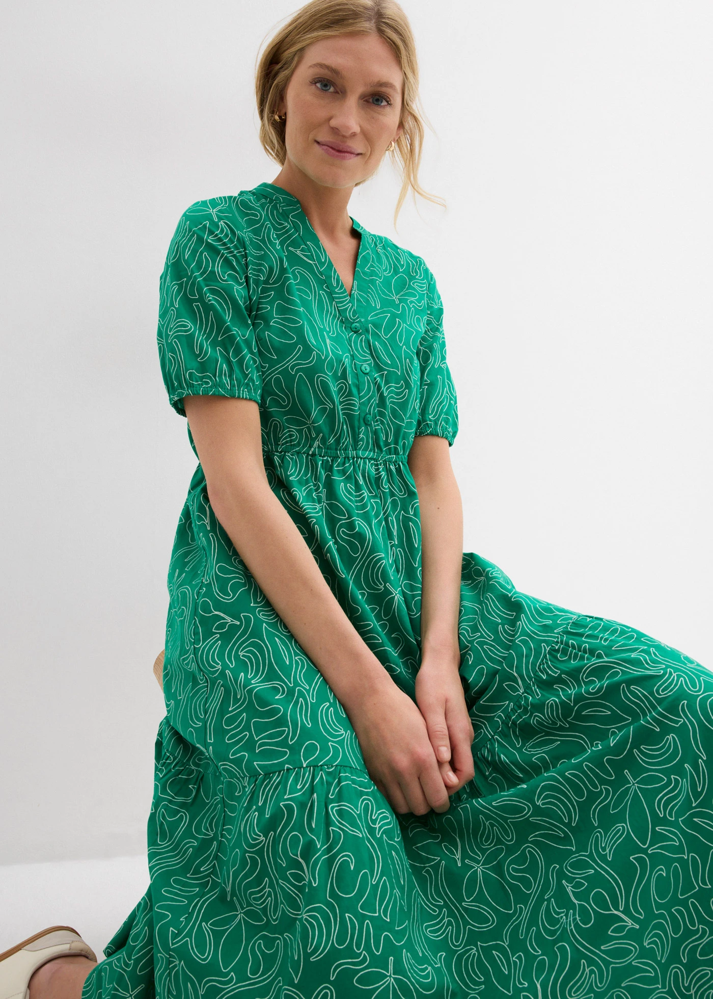 Široké midi šaty z čisté bavlny • mátově zeleno-přírodní bílá s potiskem • bonprix obchod