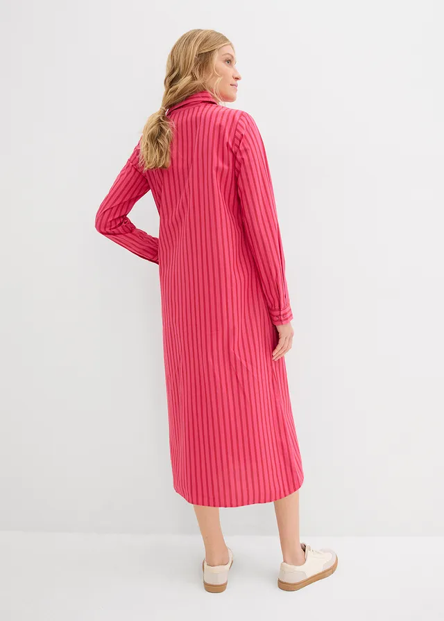 Robe à col chemise, 100% coton, Couleur: rouge tomate/grenade/magenta rayé