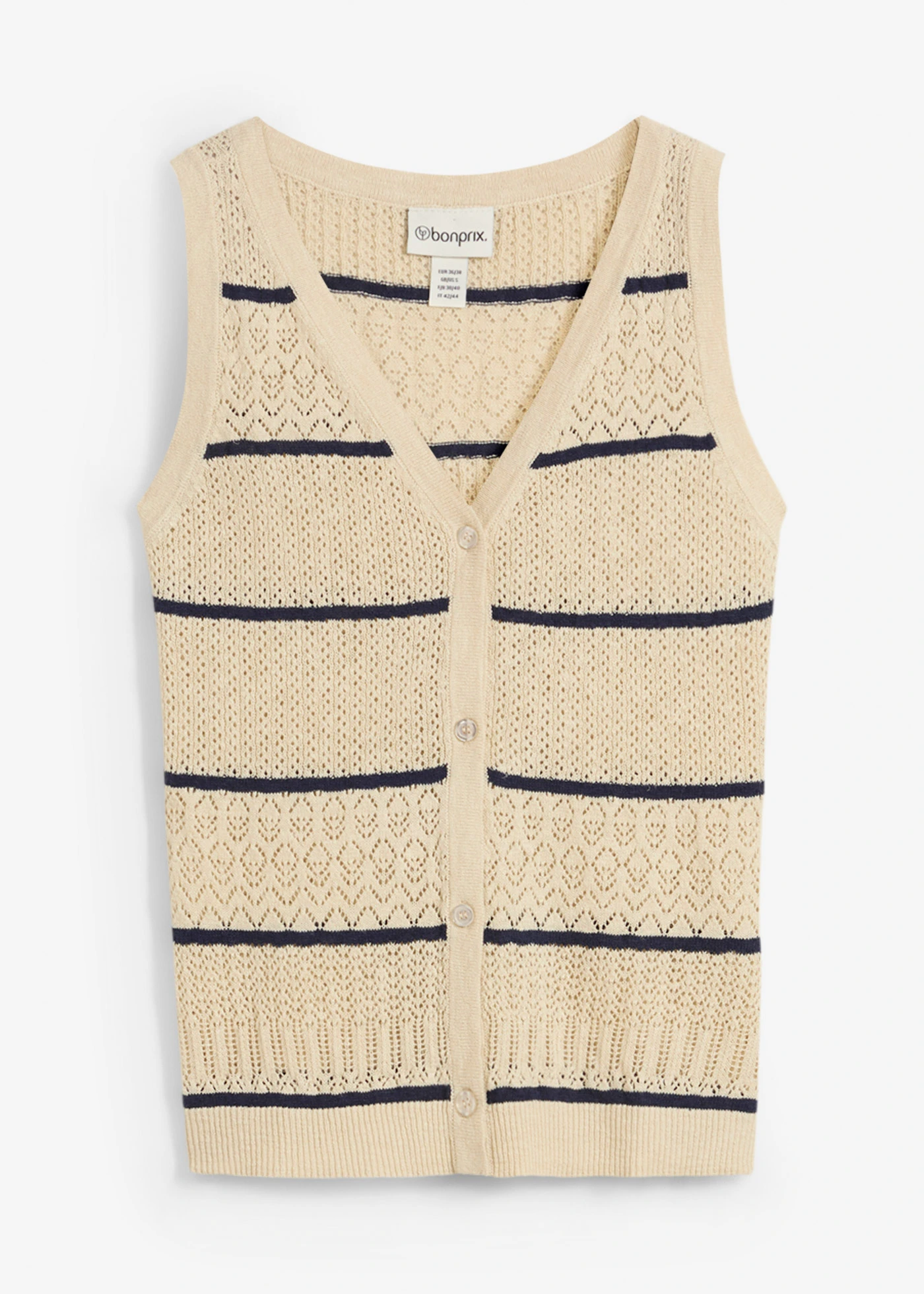 Gilet sans manches en maille ajourée avec lin • sable clair/bleu foncé • Boutique bonprix