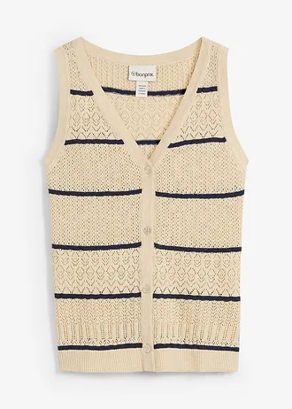 Gilet sans manches en maille ajourée avec lin • sable clair/bleu foncé • Boutique bonprix