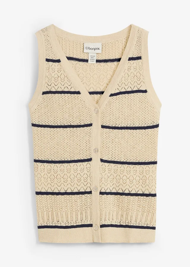 Gilet sans manches en maille ajourée avec lin • sable clair/bleu foncé • Boutique bonprix