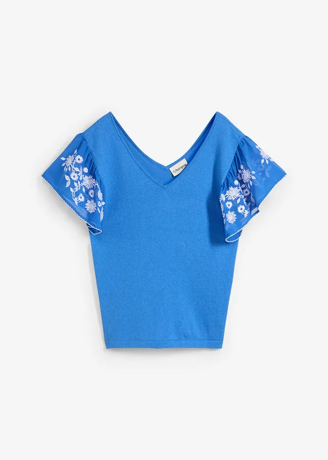 Top tricotat cu mătase în compoziție și mâneci din șifon