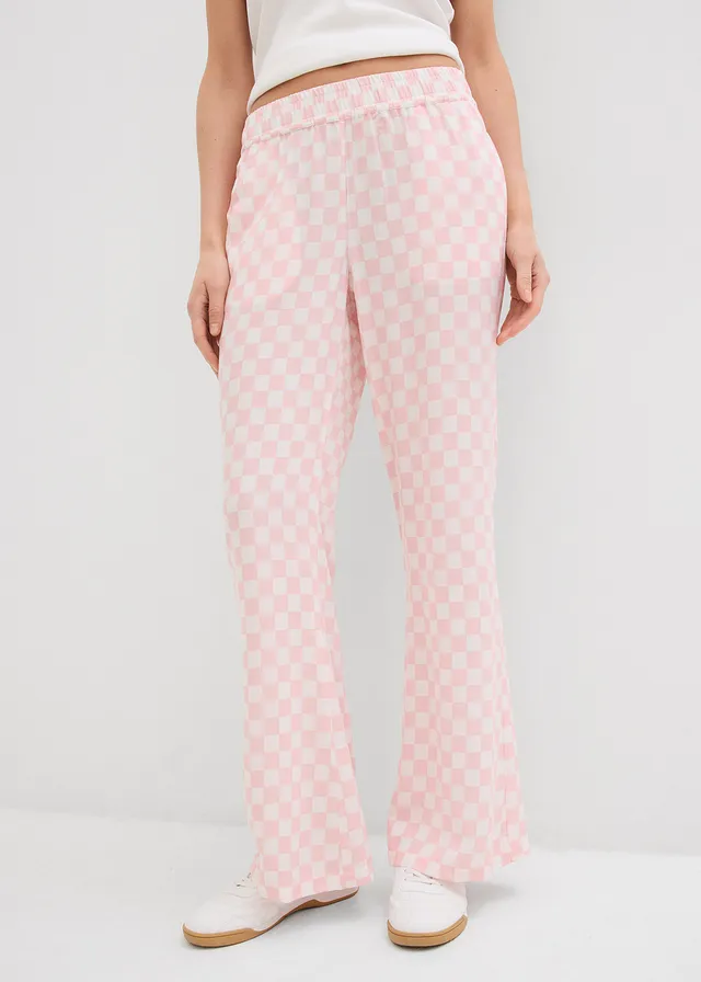 Pantaloni marlene din viscoză fluidă, cadrilați, culoare: roz-cuarț-ecru cadrilat