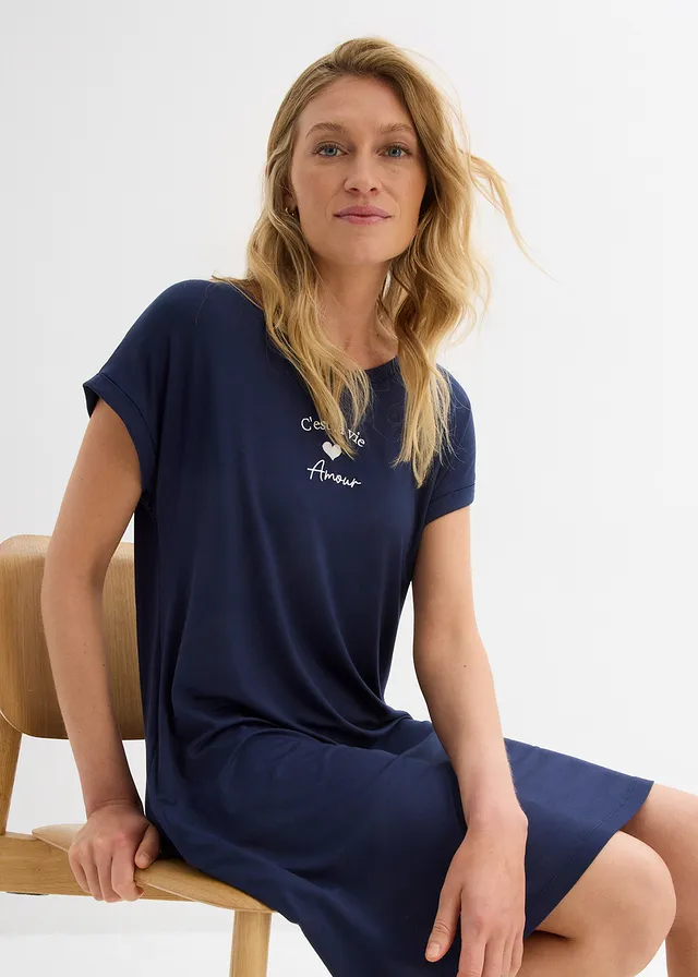 Jersey jurk met borduursel in een vicose-elastanmix donkerblauw