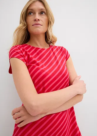 Rochie din jerse cu croială care pune în valoare silueta • pink închis-roșu-tomată cu dungi • magazin bonprix