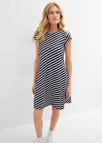 Rochie din jerse cu croială care pune în valoare silueta • bleumarin/alb cu dungi • magazin bonprix