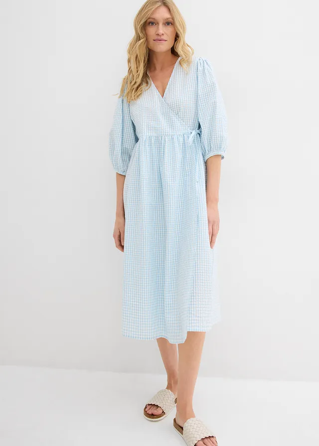 Robe portefeuille en matière texturée, Couleur: bleu glacier/écru carreaux