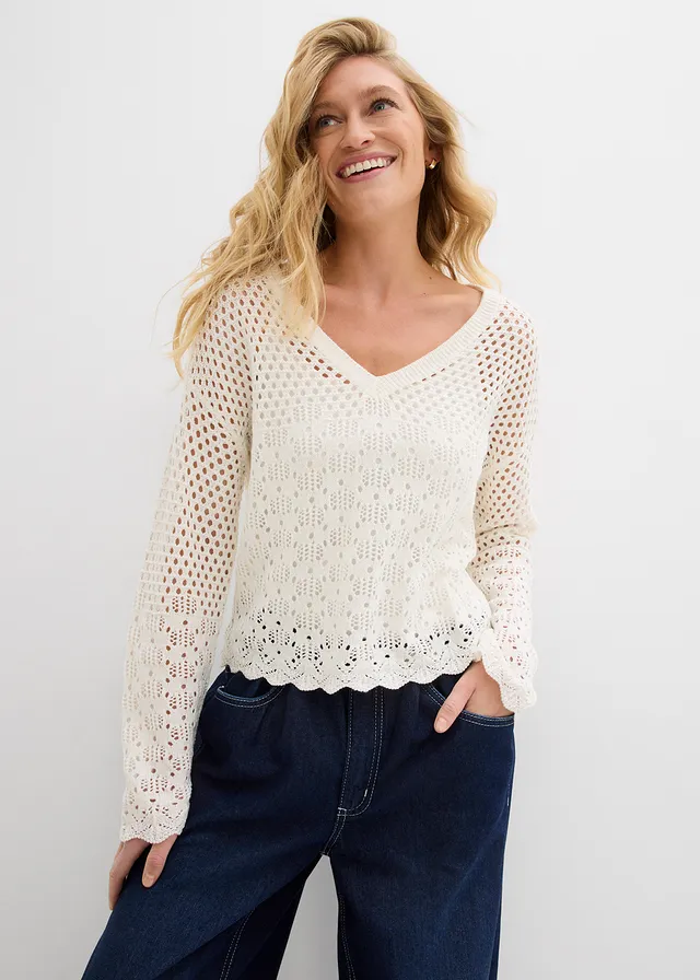 Pull léger en maille ajourée, Couleur: écru