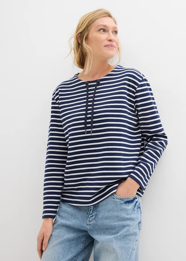 Sweat-shirt en matière texturée, Couleur: bleu foncé-blanc rayé