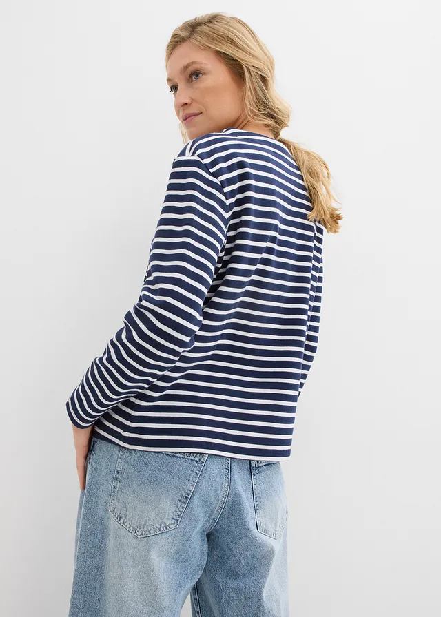 Sweater van gestructureerd materiaal, Kleur: donkerblauw/wit gestreept