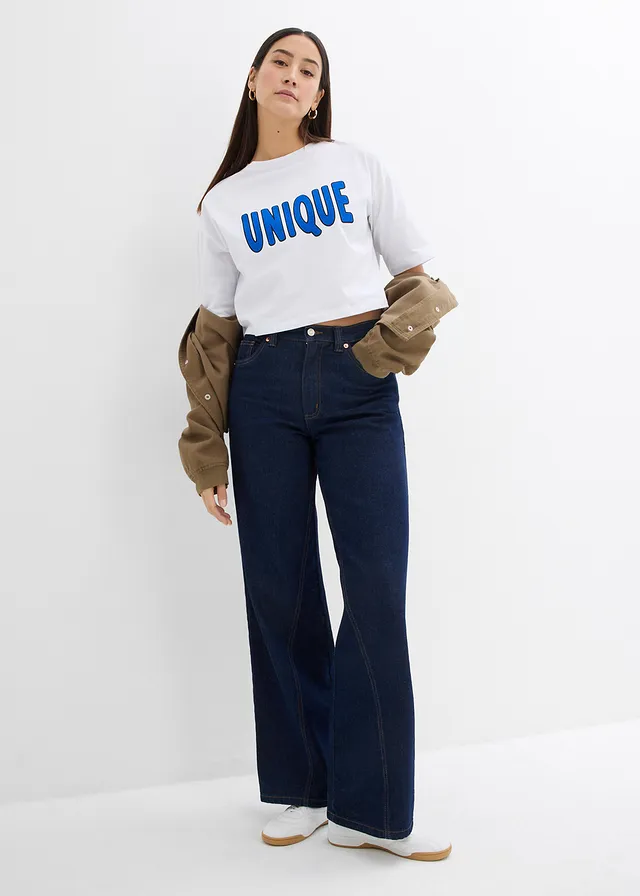 T-shirt van puur katoen wit-edelsteenblauw gedessineerd