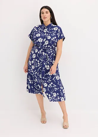 Rochie cu guler de cămașă din viscoză 100%, culoare: bleumarin profund/alb floral