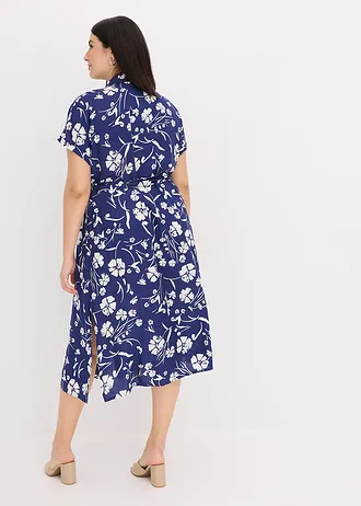 Robe-chemise 100% viscose, Couleur: bleu marine/blanc floral