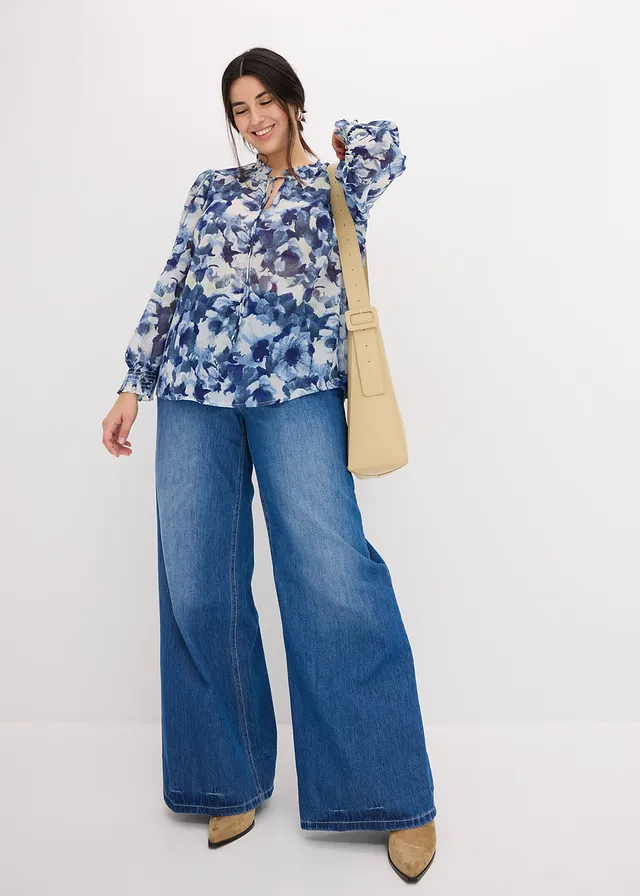 Bluză cu imprimeu, din șifon, culoare: albastru floral
