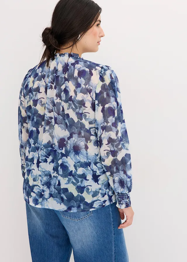 Bluză cu imprimeu, din șifon, culoare: albastru floral