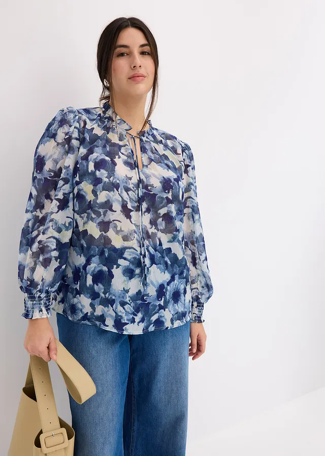 Bluză cu imprimeu, din șifon, culoare: albastru floral