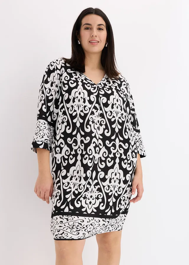 Robe-tunique en viscose fluide, Couleur: noir-blanc imprimé