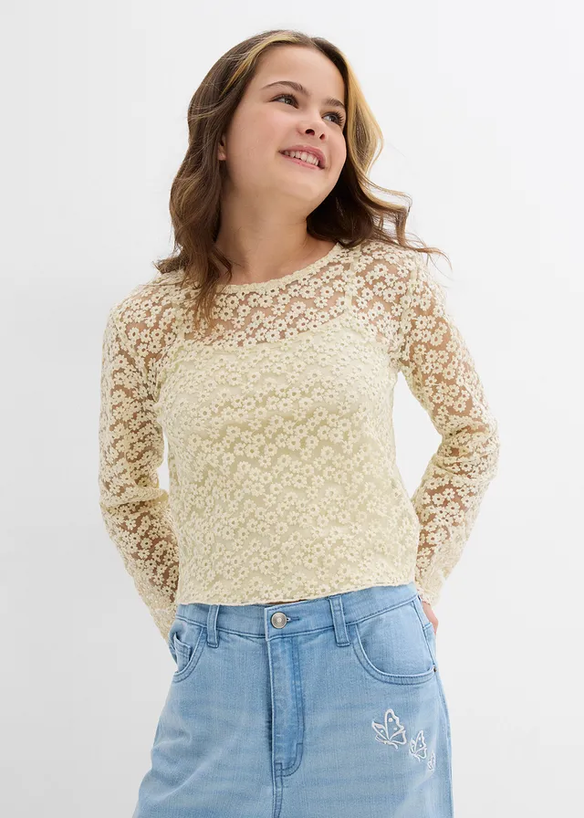 Kanten blouse met top (2-dlg. set), Kleur: naturel