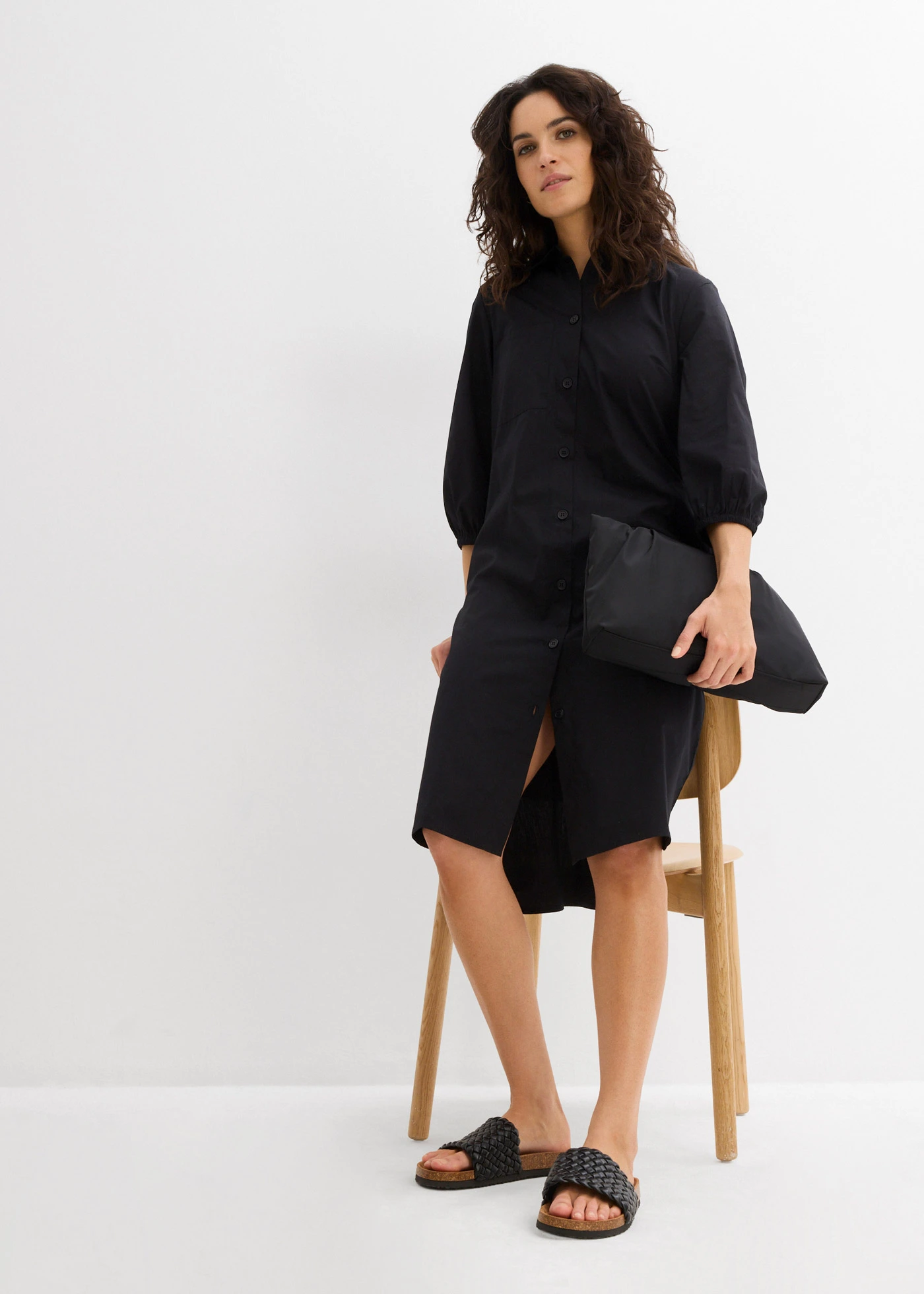 Rochie tip cămașă din bumbac subțire • negru • magazin bonprix