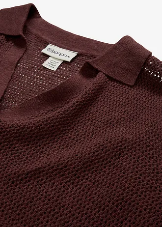 T-shirt ażurowy polo z domieszką lnu • brązowy ziemisty • sklep bonprix