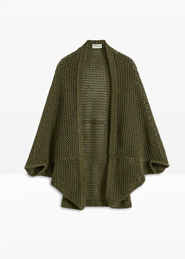 Ajour gebreide poncho met linnen, Kleur: donkerolijfgroen