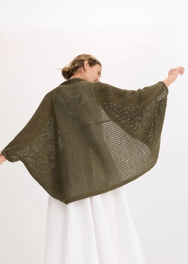 Ajour gebreide poncho met linnen, Kleur: donkerolijfgroen