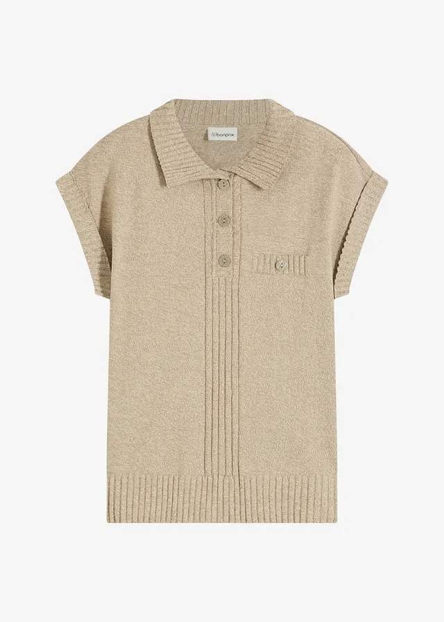 Pull col polo en coton mélangé, Couleur: olive clair chiné