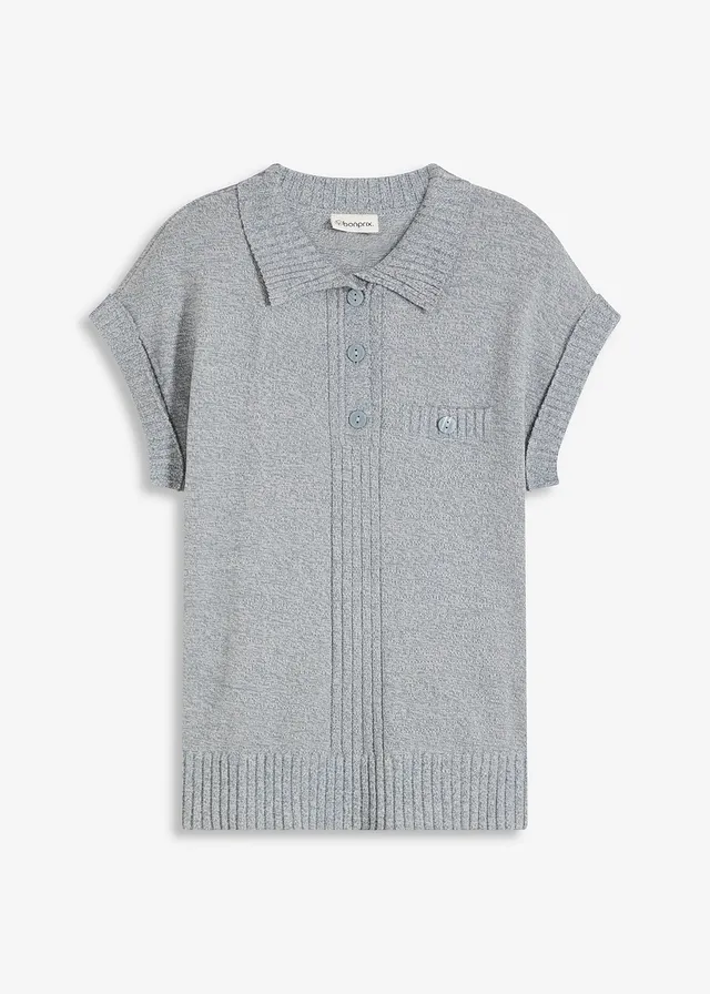 Pull col polo en coton mélangé, Couleur: bleu fumé chiné