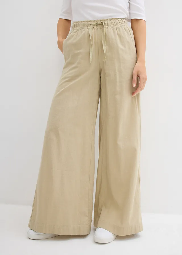 Pantalon palazzo 100% coton, Couleur: kaki fumé