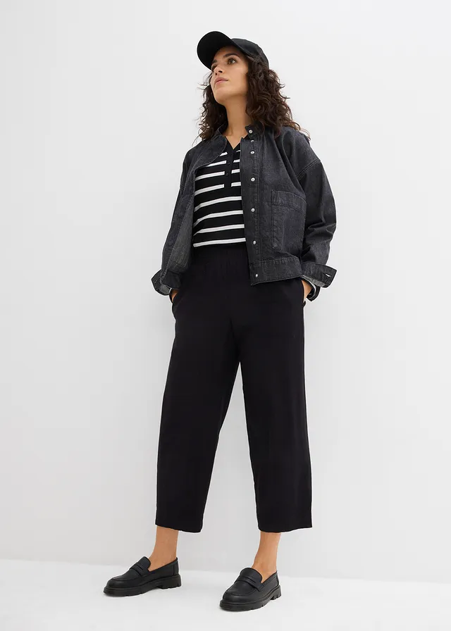 Pantalon 7/8 taille élastiquée en lin mélangé, Couleur: noir