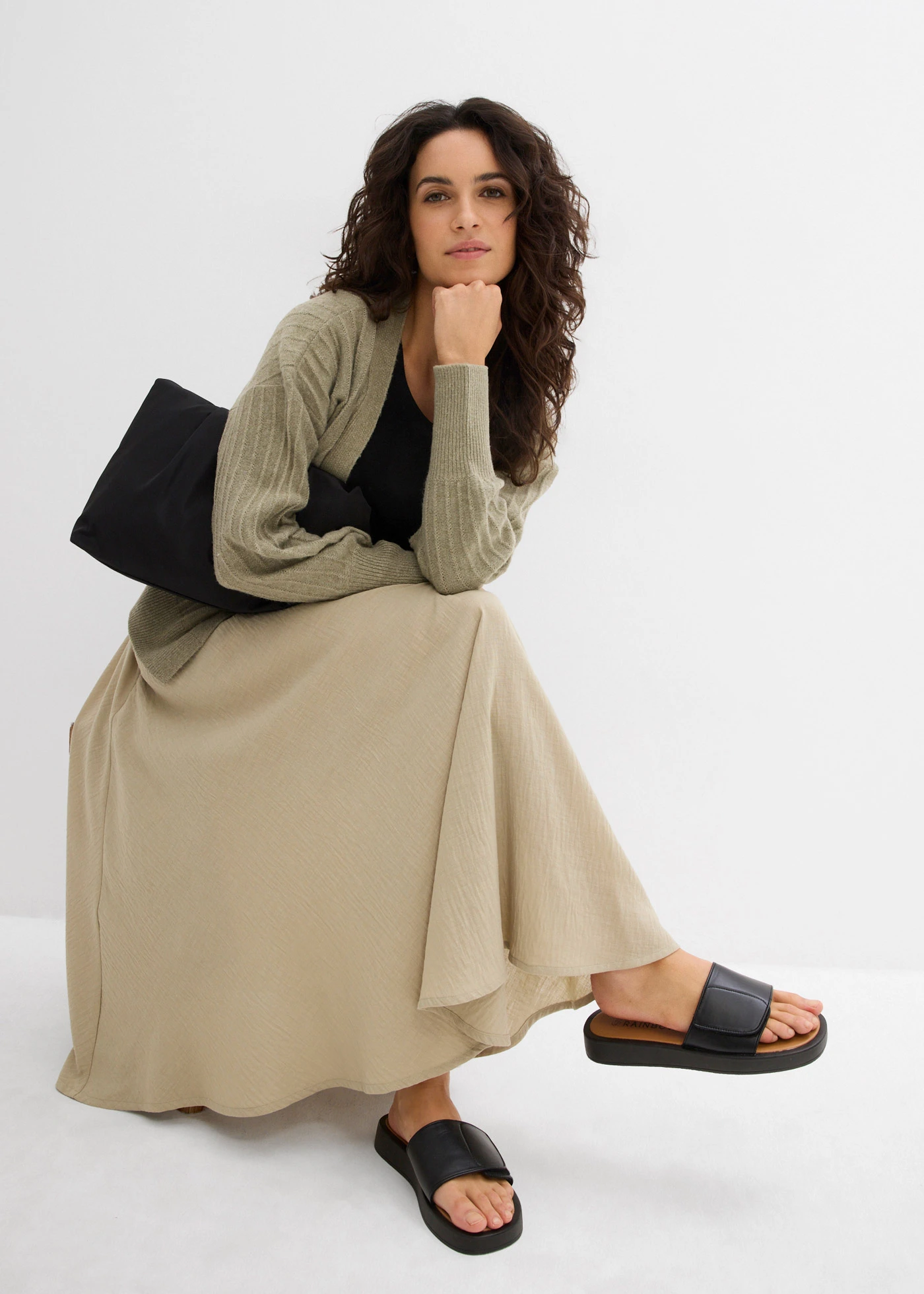 Maxi rok met een comfortabele band • rookkaki • bonprix online shop