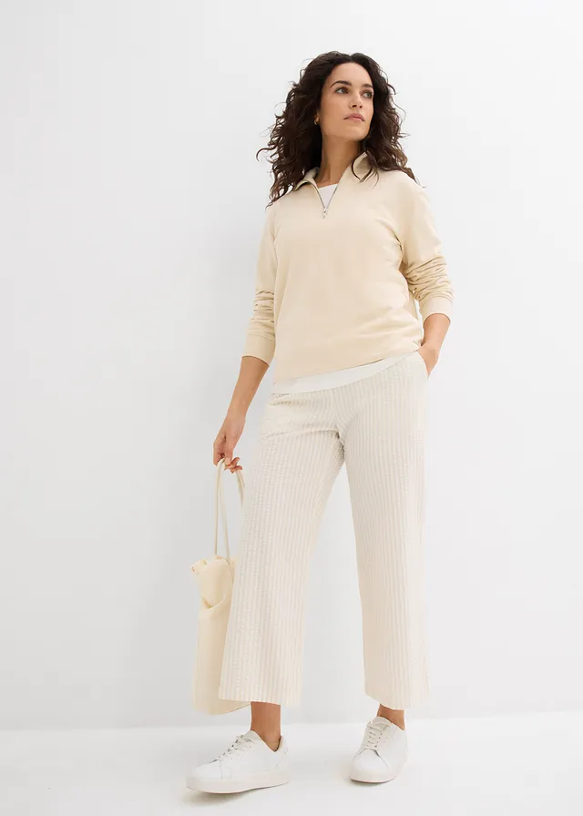 Pantalon palazzo en seersucker, longueur 7/8 • sable clair/écru • product-page.page-title-suffix