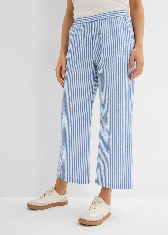 Pantalon palazzo en seersucker, longueur 7/8, Couleur: bleu glacier/écru