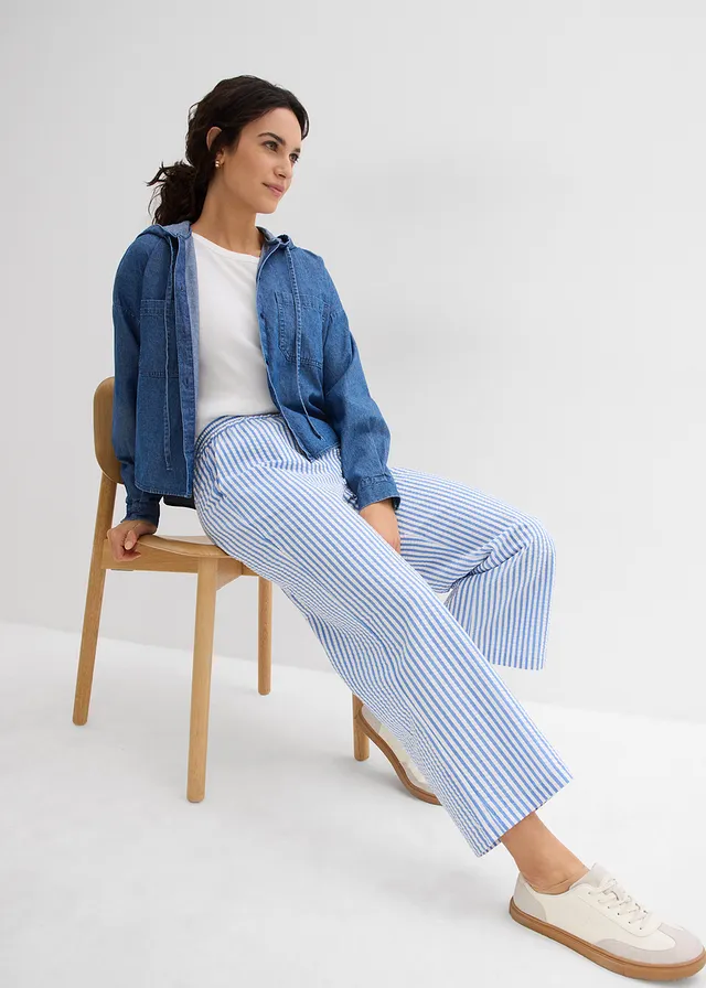 Pantalon palazzo en seersucker, longueur 7/8, Couleur: bleu glacier/écru