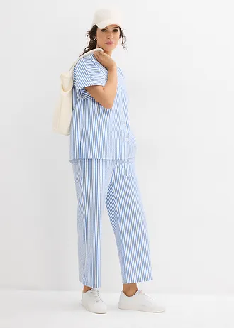 Seersucker blouse met korte mouwen, Kleur: gletsjerblauw-wolwit gestreept