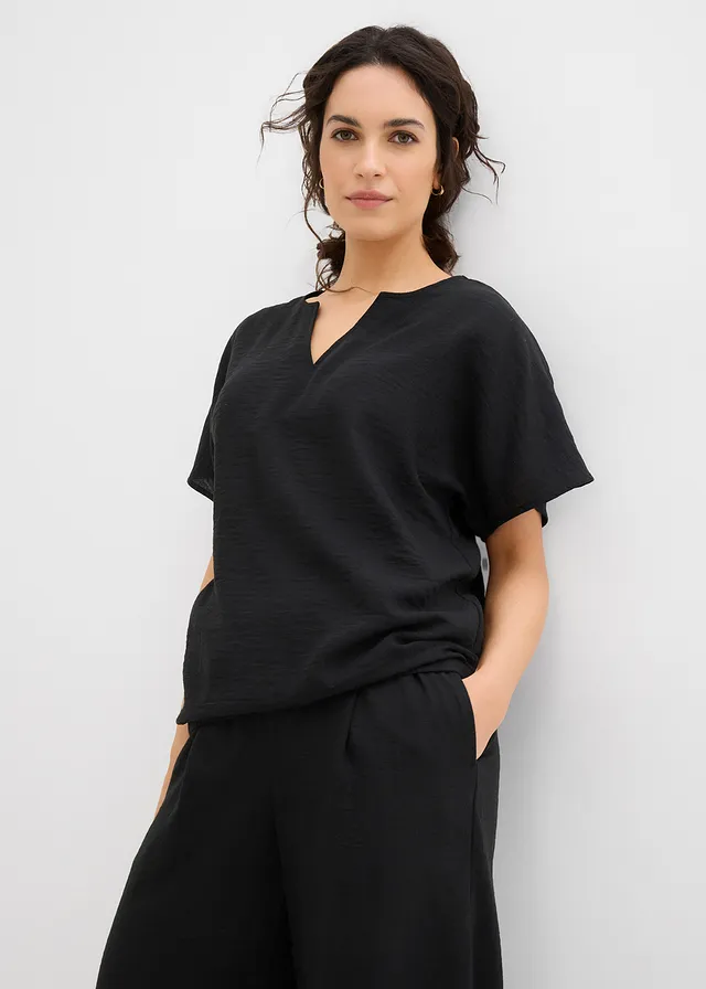 Oversized blouse met elastische zoom, Kleur: zwart