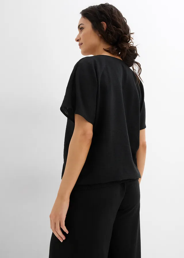 Oversized blouse met elastische zoom, Kleur: zwart