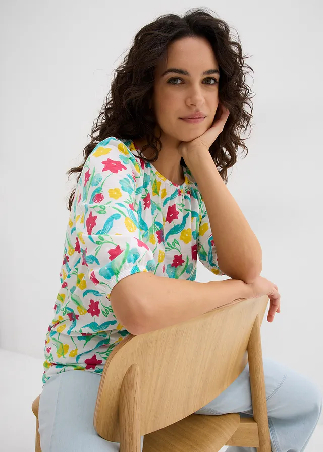 Shirt z bawełny organicznej • biały w kwiaty • sklep bonprix