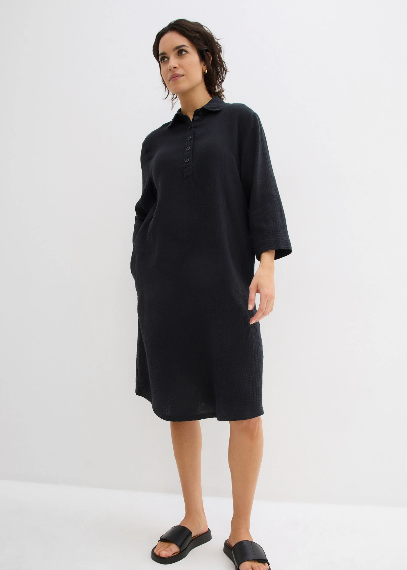 Rochie tip cămașă din muselină • negru • magazin bonprix