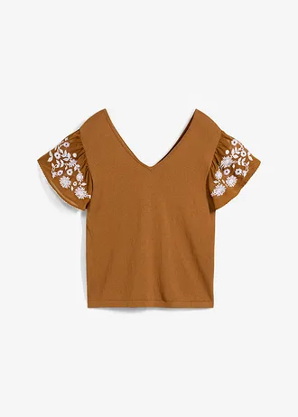 Gebreide top met zijde en mouwen van chiffon • cognac • bonprix online shop