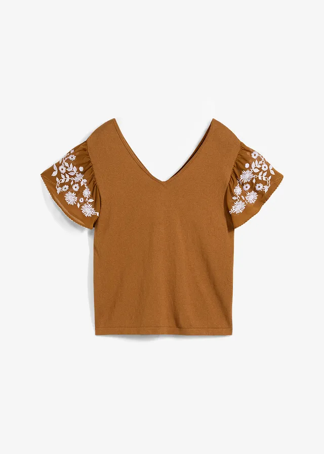 Gebreide top met zijde en mouwen van chiffon • cognac • bonprix online shop
