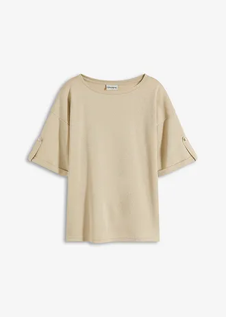 Shirt met viscose en glanzende print, Kleur: lichtsand-metallic zilver