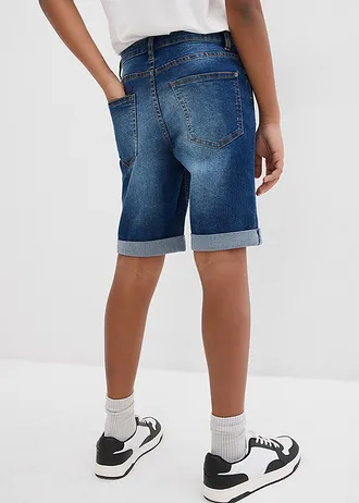 Bermudy jeansowe chłopięce ze stretchem, z regulowanym paskiem, slim fit • niebieski denim • sklep bonprix