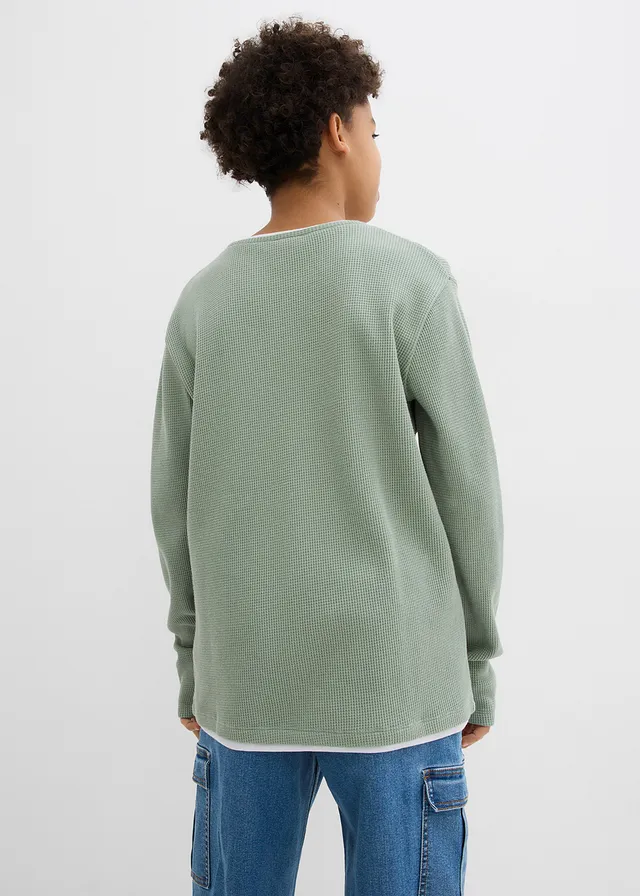 T-shirt manches longues 2 en 1 en coton aspect gaufré, Couleur: vert fumé